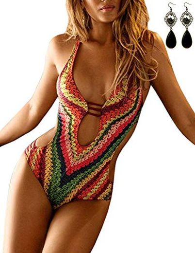 MODETREND Mujer Bikini Push up de Escotado por Detrás Deep V-Neck Monokini