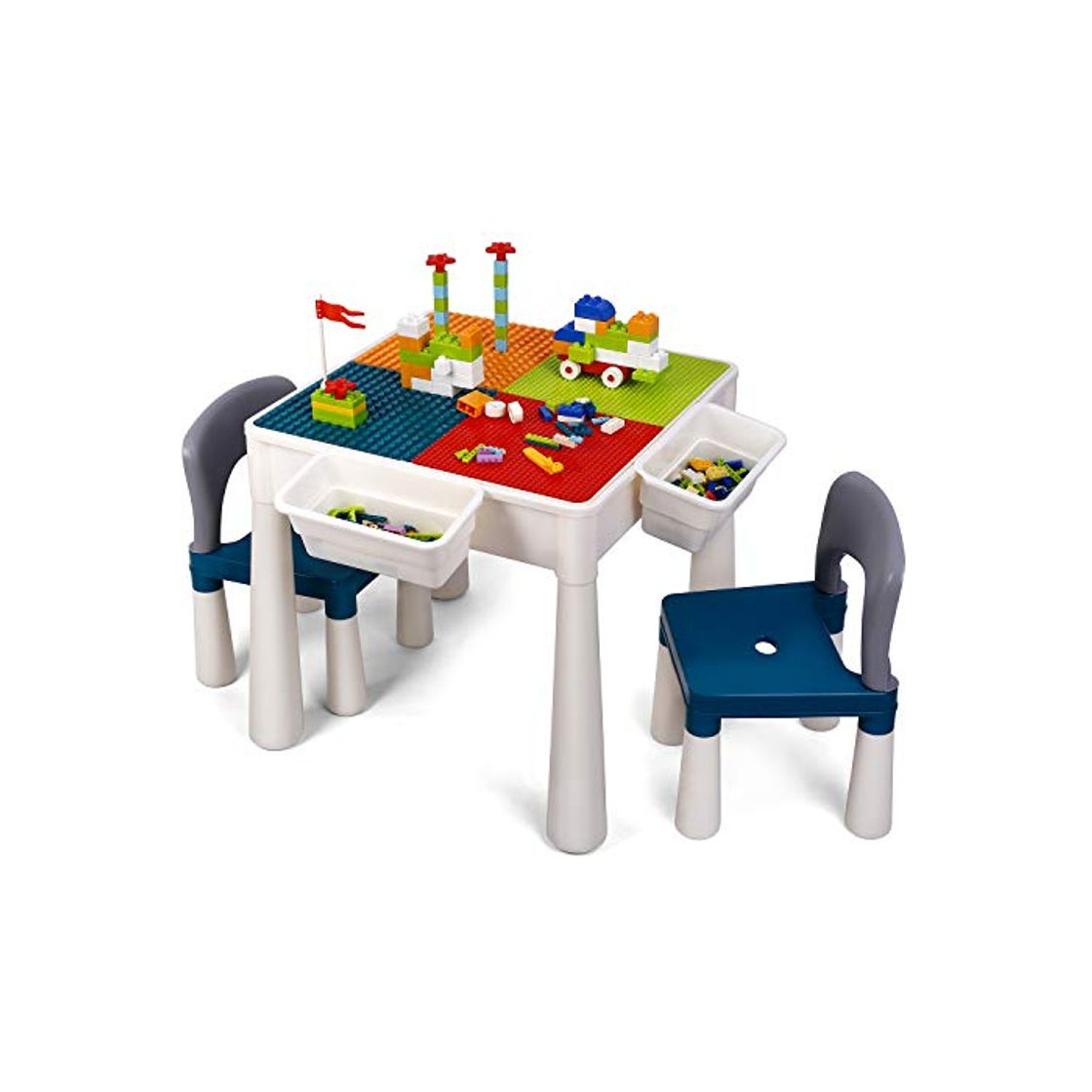 Social amzdeal Juego de Mesa y 2 Sillas Infantiles Mesa de Bloques para Niños Mesa de Actividades Multiusos con Bloques de partículas Grandes y Pequeños Mesa de Estudio Mesa de Comedor Mesa de Juego
