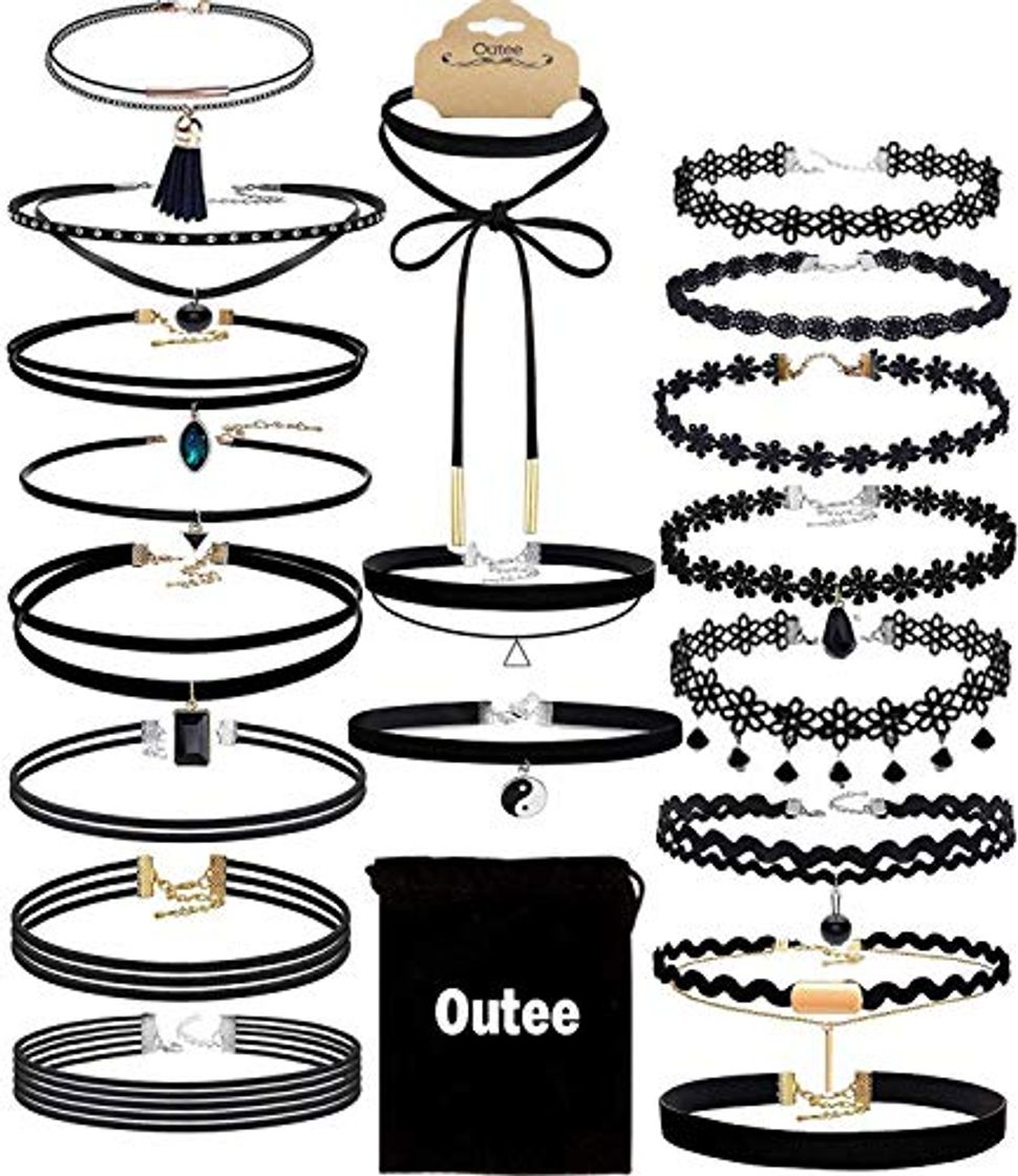 Fashion Outee 20 PCS Black Charm Gargantilla Set Collares Gargantilla de terciopelo CláSico Tatuaje GóTico Encaje Gargantilla para las niñas Mujeres