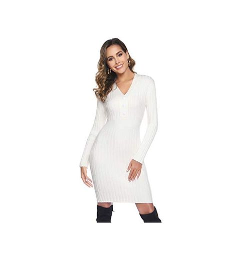 Hawiton Vestido de Punto para Mujer Vestido de Invierno de Manga Larga de Cuello Pico con Botones Suéter con Cable Jerseys Largos