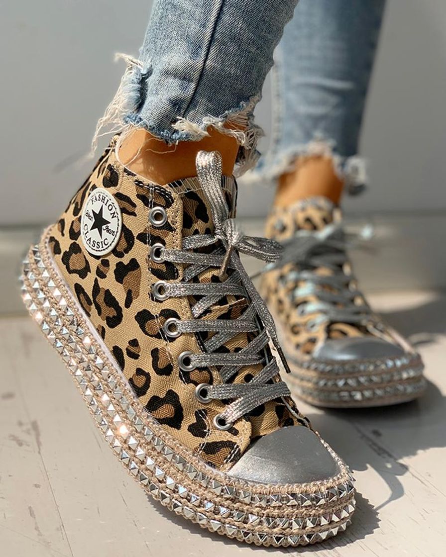 Moda Leopard Rivet Embellished Lace-Up Sneakers Online. Discover ...