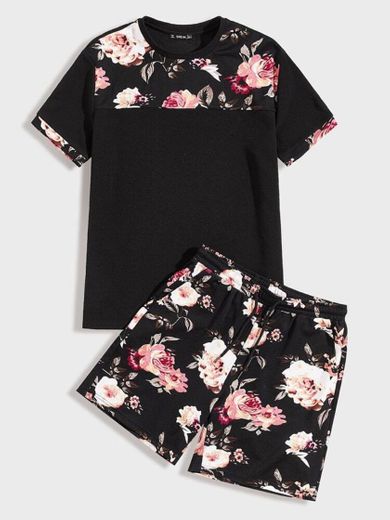 SHEIN Conjunto De Hombres Top Con Estampado Floral Con Short