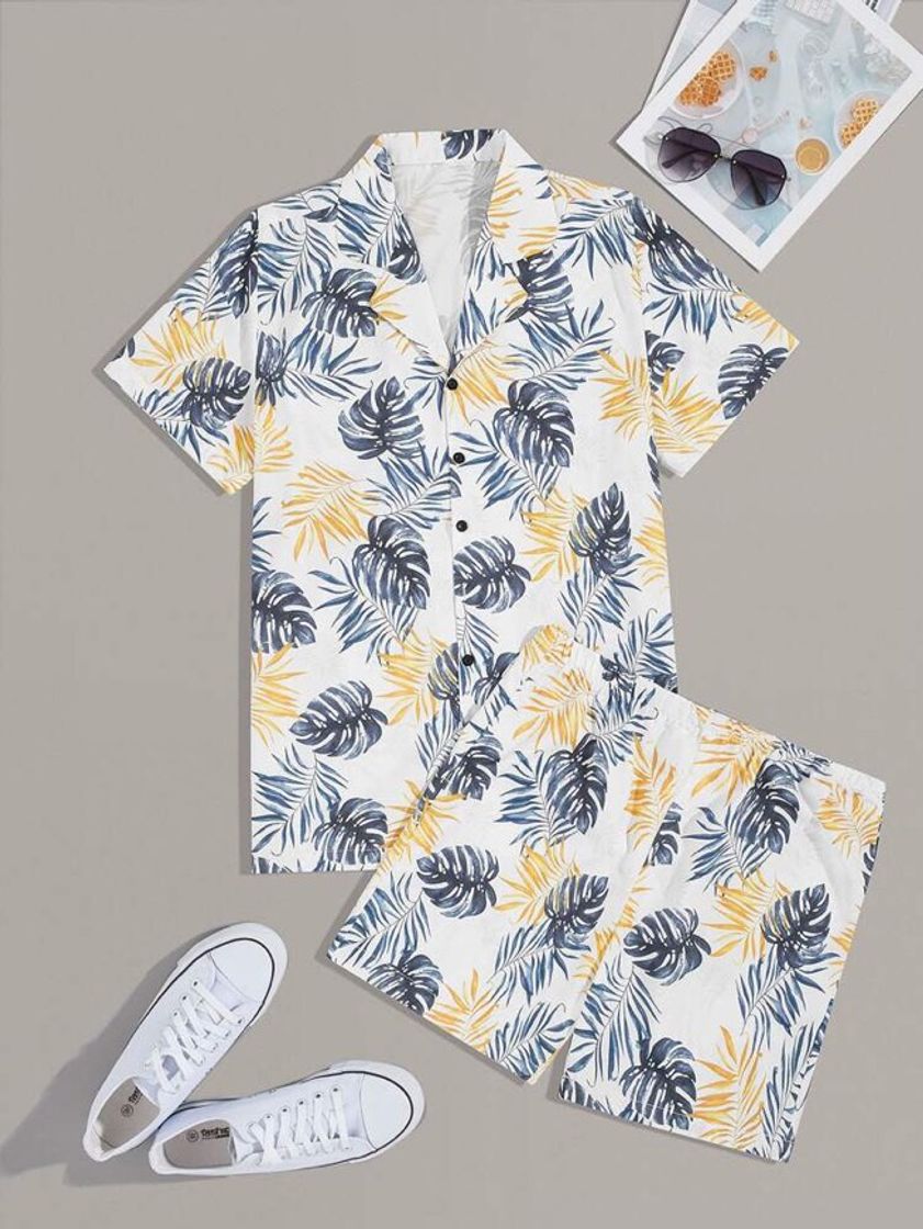 Moda Camisa De Hombres Con Estampado Tropical Con Shorts