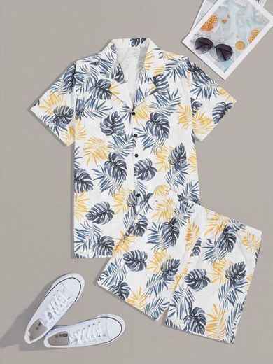 Camisa De Hombres Con Estampado Tropical Con Shorts