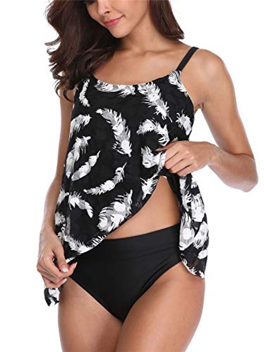 Product FLYILY Mujer Tankini baño de Malla para Conjunto de Dos Piezas de Cintura Alta Tallas Grandes