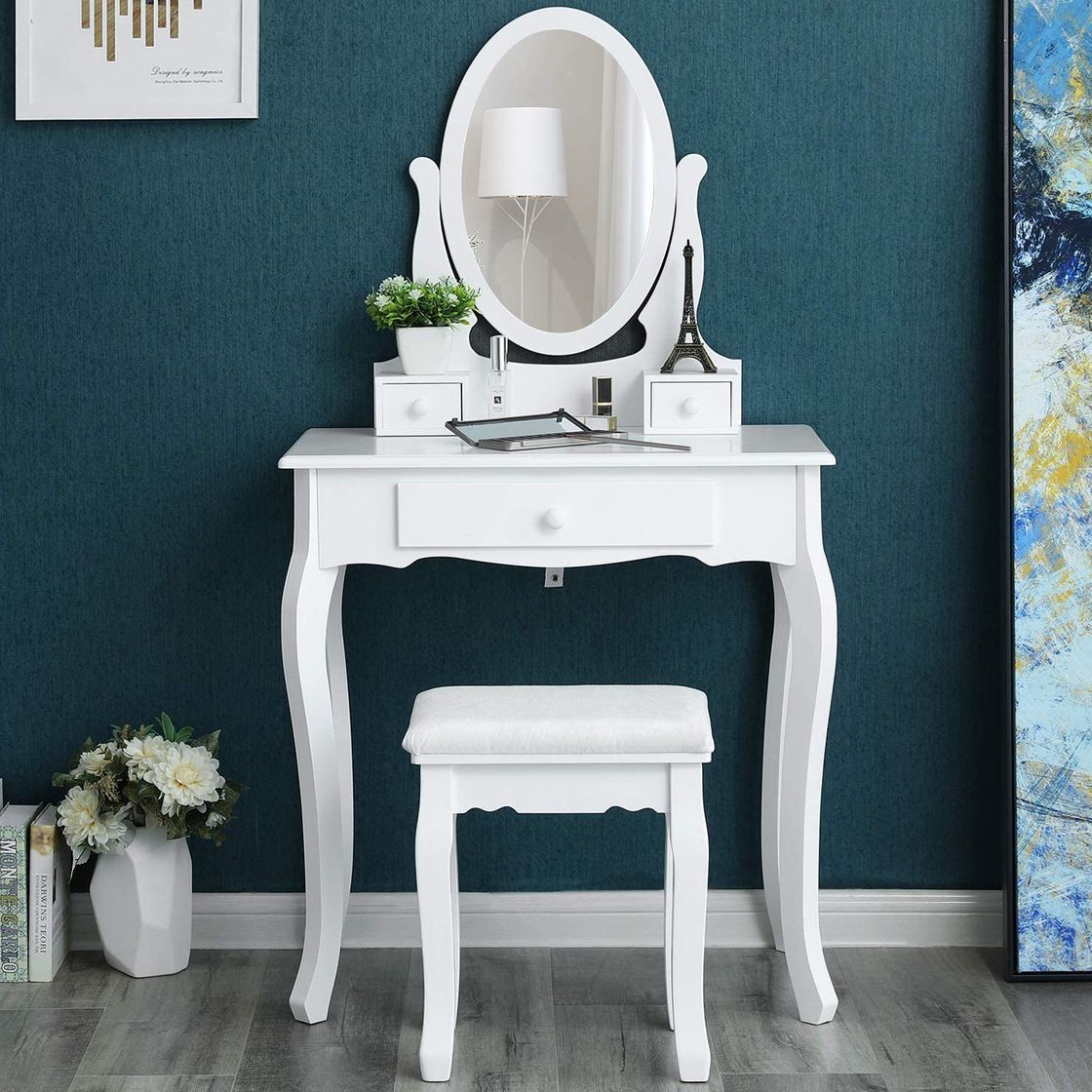 Social SONGMICS Blanco Tocador Mesa de Maquillaje Belleza 5 Cajones Espejo Giratorio Taburete