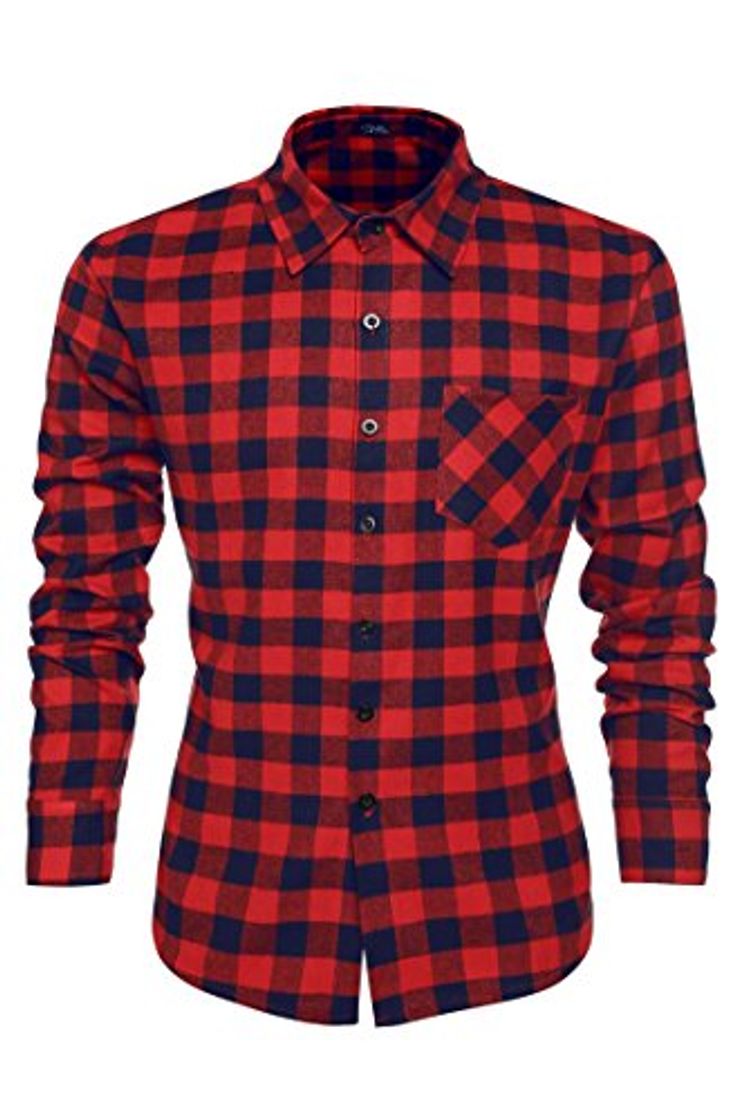 Moda Coofandy Camisa para Caballero Long Sleeve Cuello Clásico de Moda Rojo y Azul Talla S