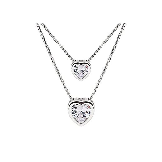 B.Catcher Mujer Collar Colgante Plata de Ley 925 con Doble corazón con