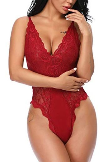 Evelife Body Encaje Mujer Sexy Teddy Bodysuit Ropa Interior V Profundo Snap