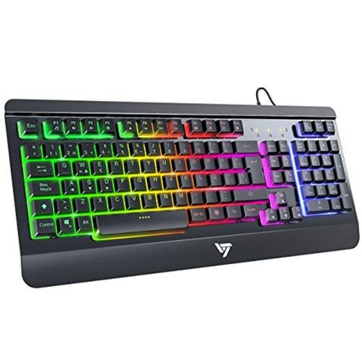 VicTsing Teclado Gaming Español USB, LED Rainbow Retroiluminación y Panel Completamente Metálico,