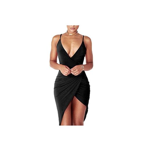 DRESHOW Women's Sexy Deep V Neck Sleeveless Spaghetti Strap Bodycon Wrap Dress Front Slit Bandage Midi Club Dress