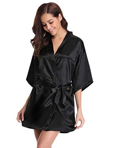 Abollria Kimono Mujer Bata para Satén Mujer Ropa de Dormir Batas Negro