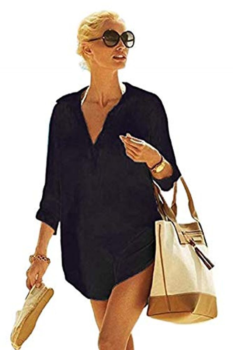 Social heekpek Mujer Manga Larga Grande Tunicas Playa Profundo Cuello en V Casual Solid Color Camisa para Playa y Piscina Bluson Camisolas y Pareos Playa Verano