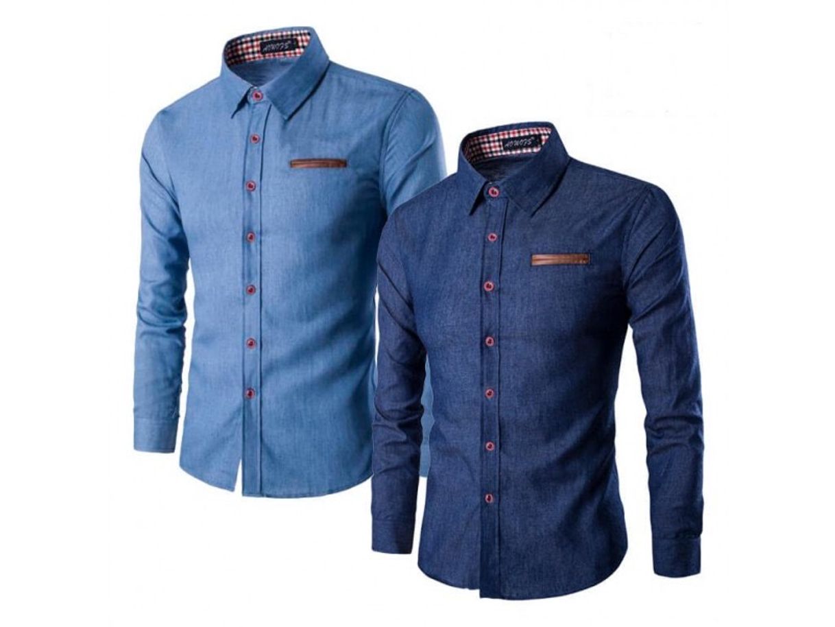 Social Kit 2 Camisas Jeans Masculinas Slim Fit Manga Longa - Azul E