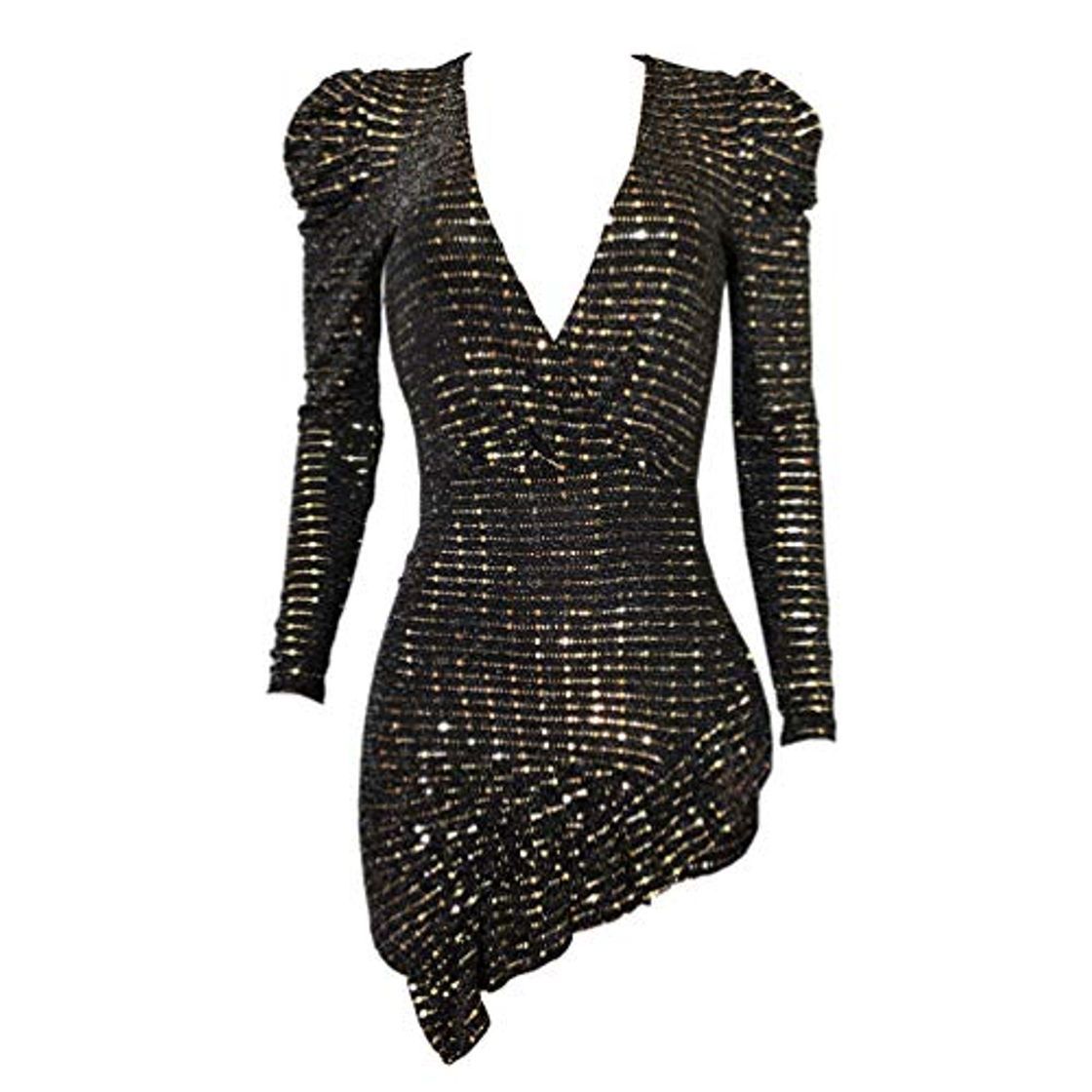 Fashion YuanDian Mujer Mini Vestido de Lentejuelas Mangas Largas Fiesta Noche Ajustado Vestido Cuello en V Profundo Bodycon Brillantes Cintura Alta Dobladillo Irregular Elástico Vestido Corto Dorado XS