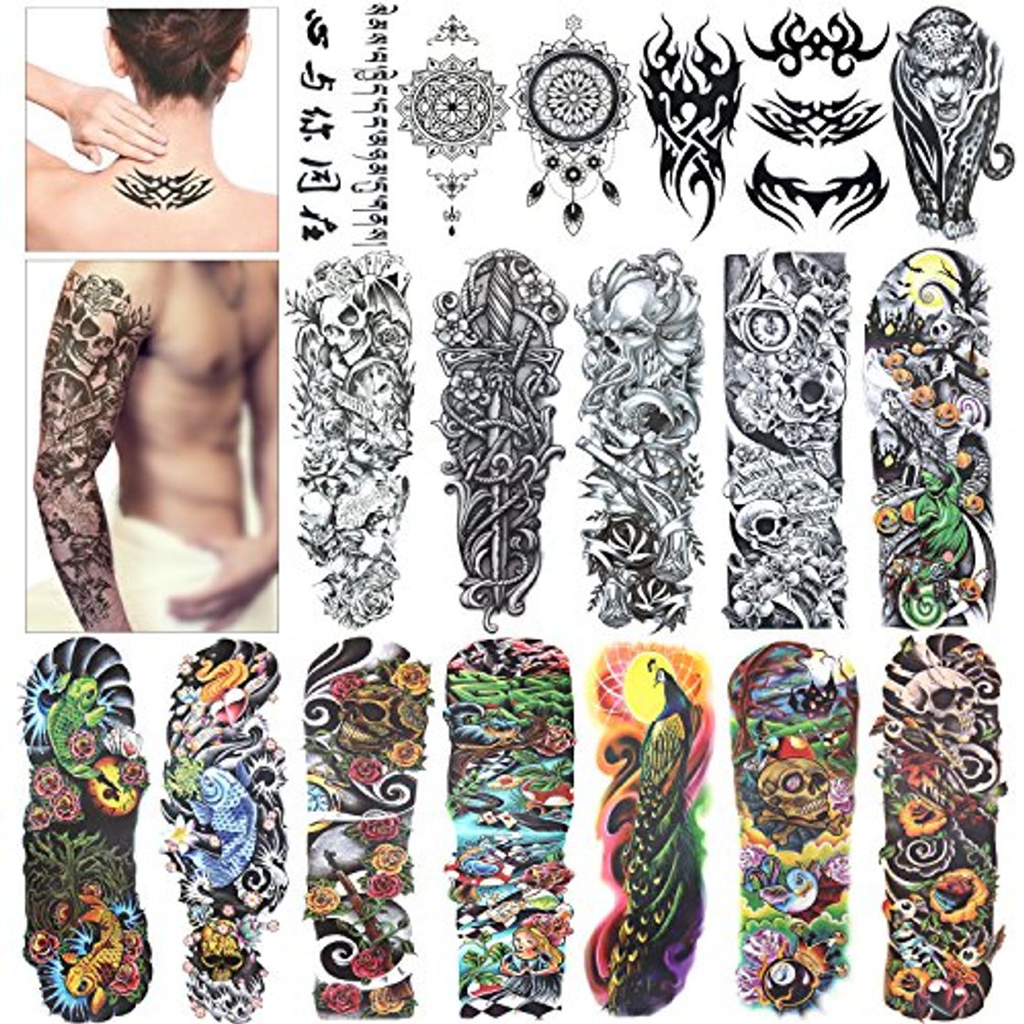 Social Full Brazo tatuajes temporales, Konsait Grande Tatuaje Temporales Mangas negro tatuaje cuerpo