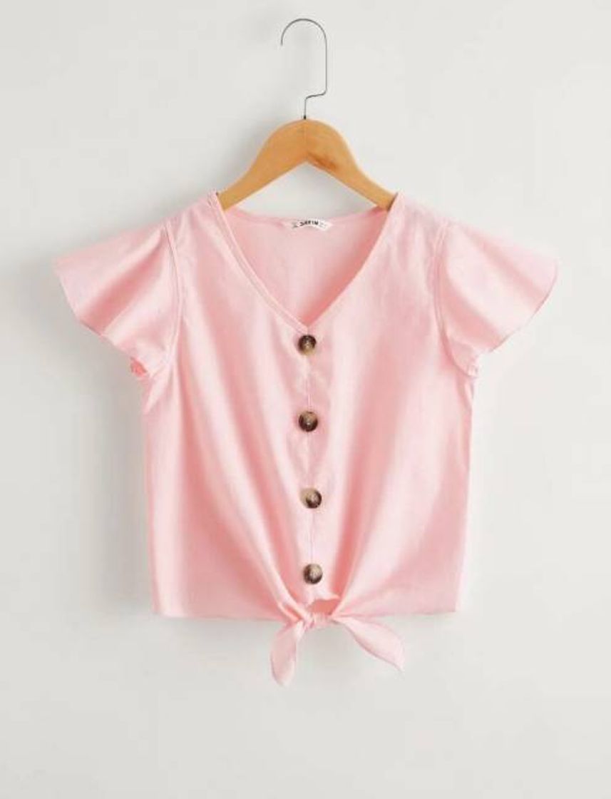 Fashion Blusa rosa de botones con nudo al frente 