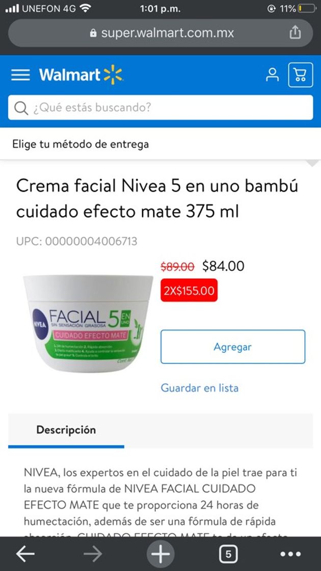 Producto Crema humectante Nívea efecto Mate 