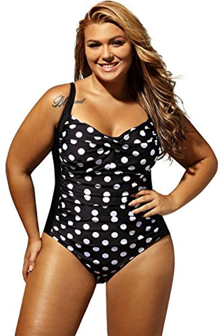 Social Ropa Traje De Baño Completos Una Pieza Talla Grande Acolchado Frunces Lunares Swimwear Swimsuit Bañador Monokini Trikini Negro 2XL