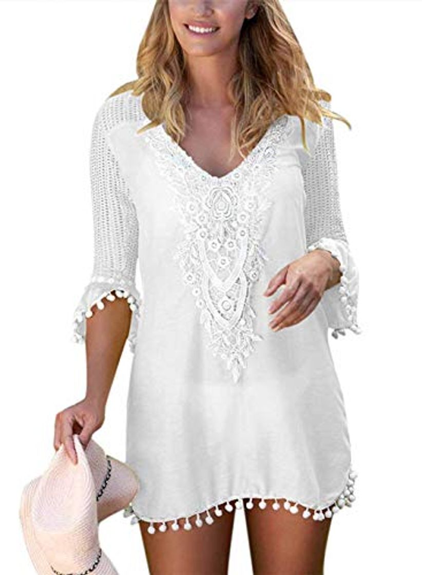Social EDOTON Camisolas y Pareos para Mujer, Blusa Vestido Crochet Pom Pom Ajuste