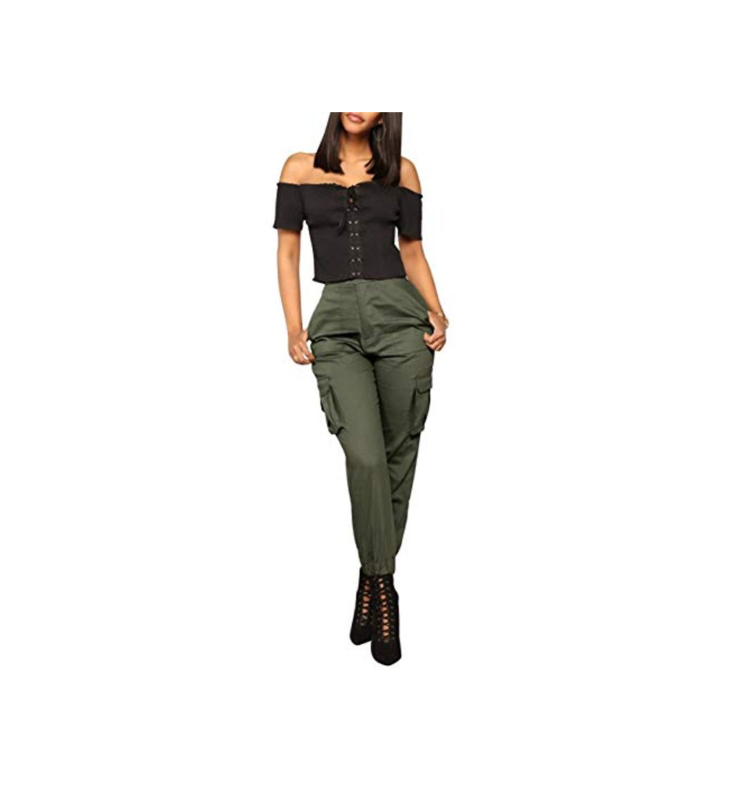 Social Pantalon con Cadena y Bolsillos Mujer Retro Boyfriend Pantalone Chandal Cargo Baggy Hip Hop Danza Harem Pants Leggins Deporte Cintura Alta Sólido Casual Trousers Verano Pantalones Punk Rock Streetwear