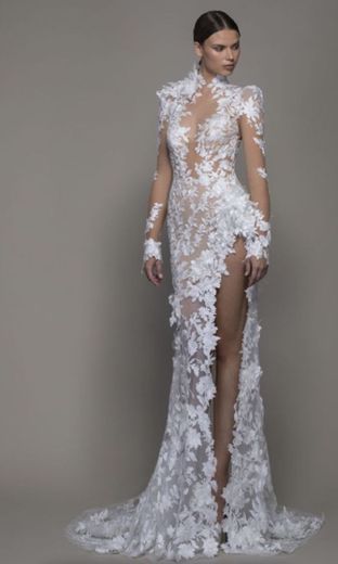 Long sleeved high neck illusion lace sheat wedding dress