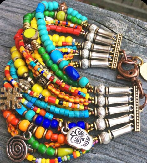 Colorful boho Mexican inspired skull mixed- media s bracelet