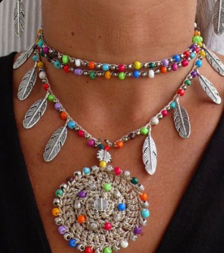 Beige ethnic mandala crochet necklace silver feathers boho 