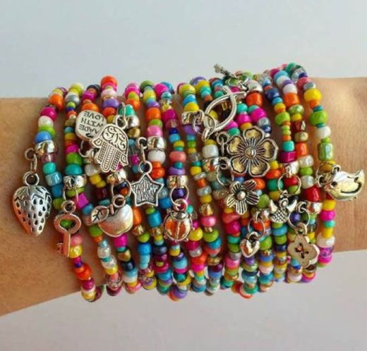 Silver charm bracelet - colorful beaded 