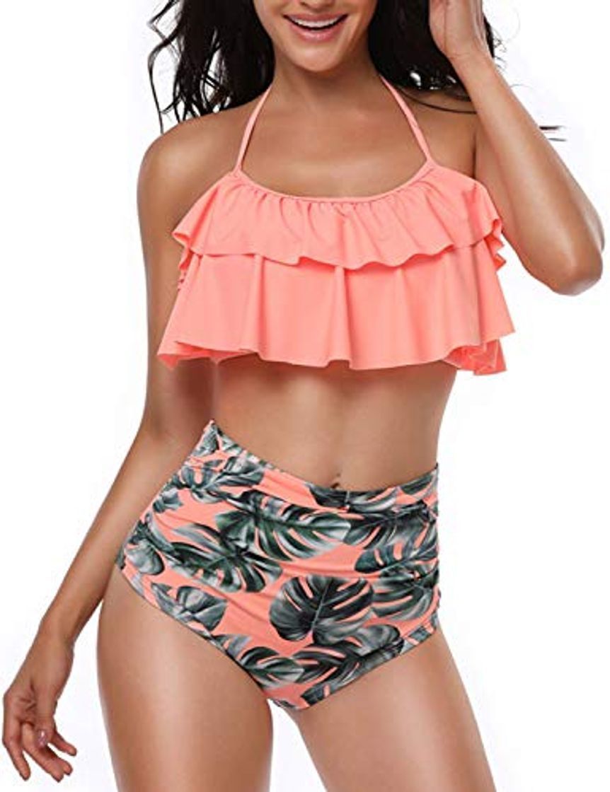 Social Yuson Girl Mujer Conjunto De Frill Bikini Tiras Talle Alto Tallas Grandes Sexy Traje De Baño Cuello Halter Vintage Vientre Plano con Volantes Top Bikini Push Up Flores Braga Triangulo Alta