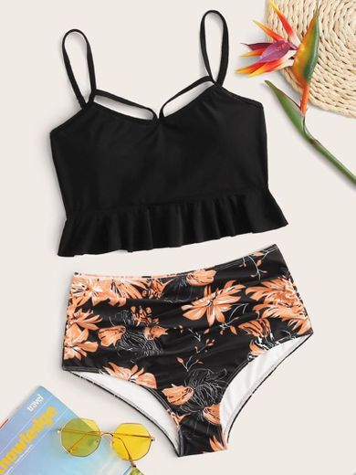Bañador bikini de cintura alta floral con cordón