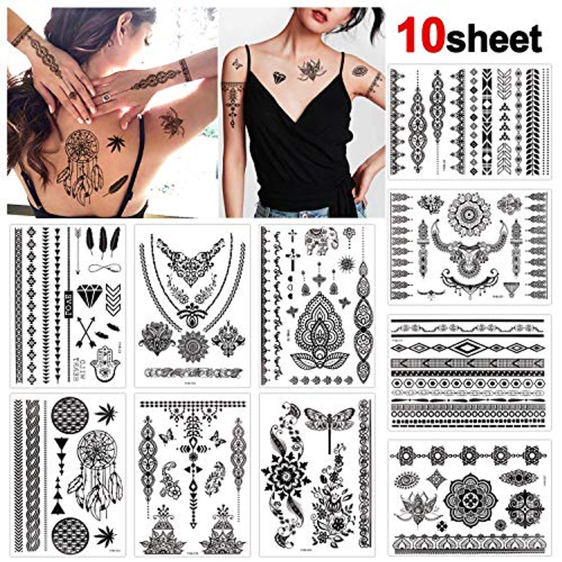 Social Konsait 10 hojas tatuajes temporales negro impermeable Tatuaje Temporal tatto Adhesivos cuerpo