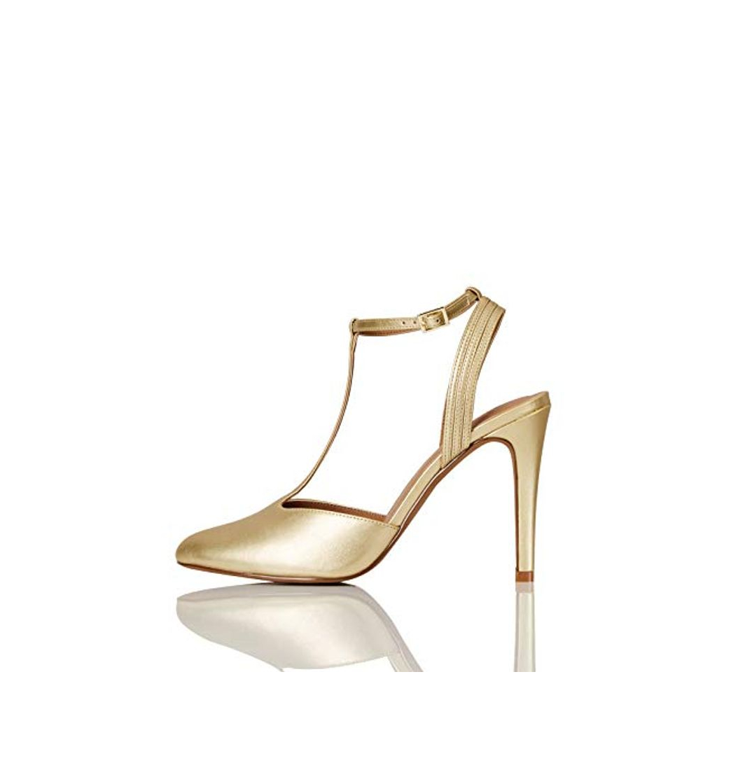 Product Marca Amazon - FIND Stiletto Round Toe T-Bar Zapatos de Tacón, Dorado