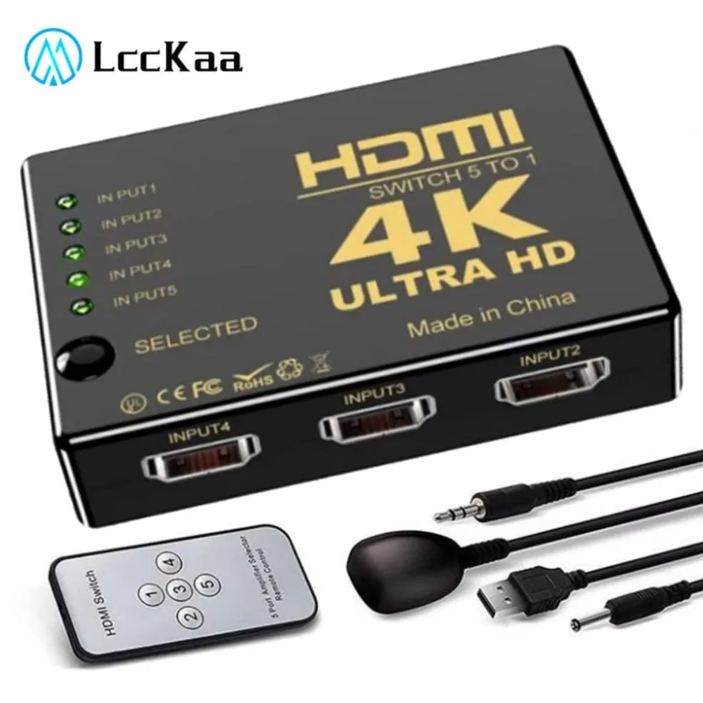 Electrónica 🛒 Interruptor HDMI com controle remoto IR, 4K HD Switcher, 5 Entrada 1 Saída, Interruptores HDMI para Xbox, PS4, DVD, HDTV, PC, Laptop, TV

