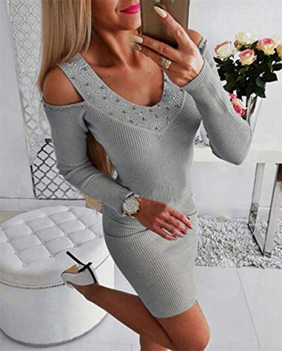Social Autumn Off Shoulder Knitted Slim Mini Dress Women Casual Diamond Decor V