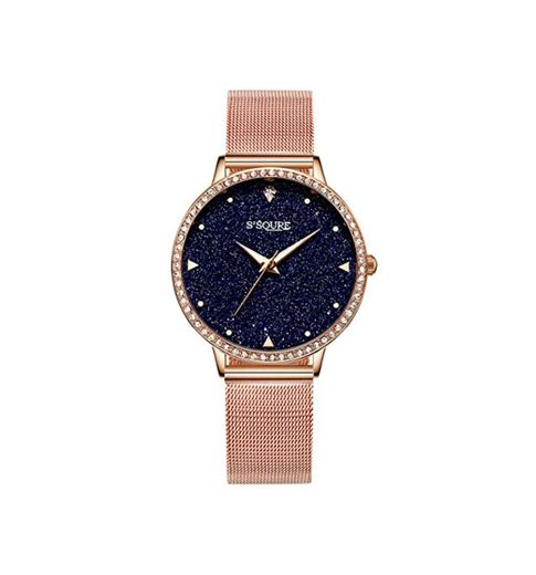 Alienwork Reloj Mujer Relojes Acero Inoxidable Banda de Malla Metálica Oro Rosa Analógicos Cuarzo Negro Impermeable Esfera del mármol Verdadero Strass