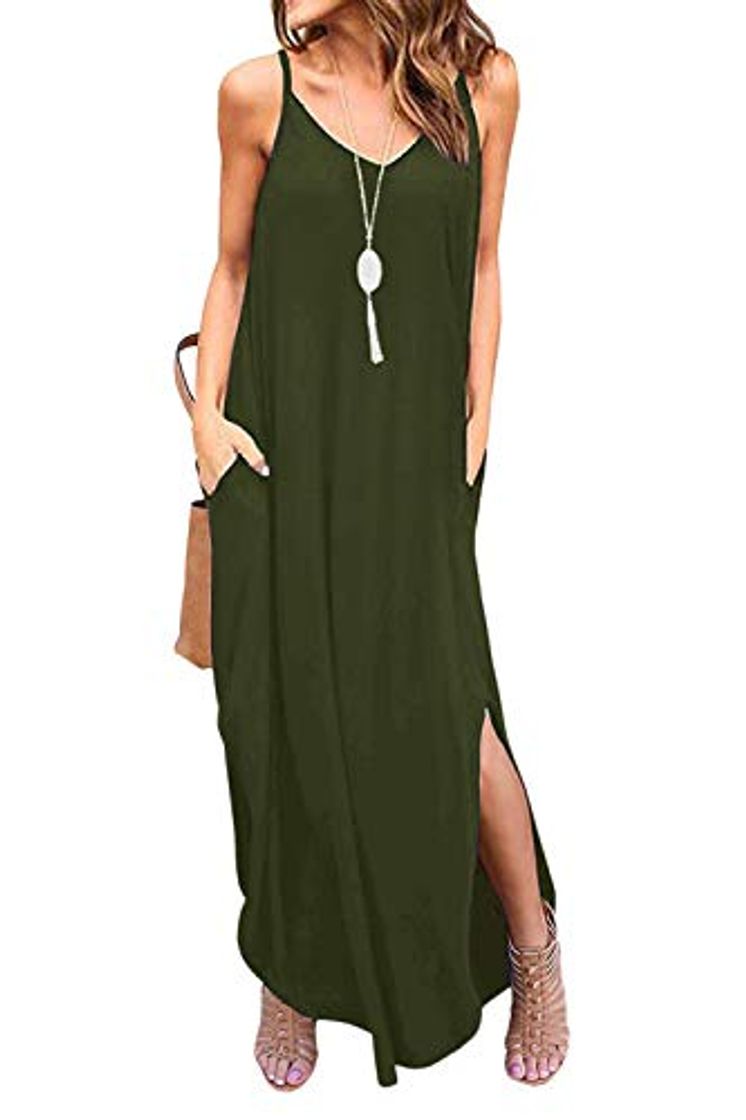 Fashion Vestidos Mujer Casual Playa Largos Boho Floral Maxi Vestido Bohemio Tirantes Playa Verano Ejército Verde M