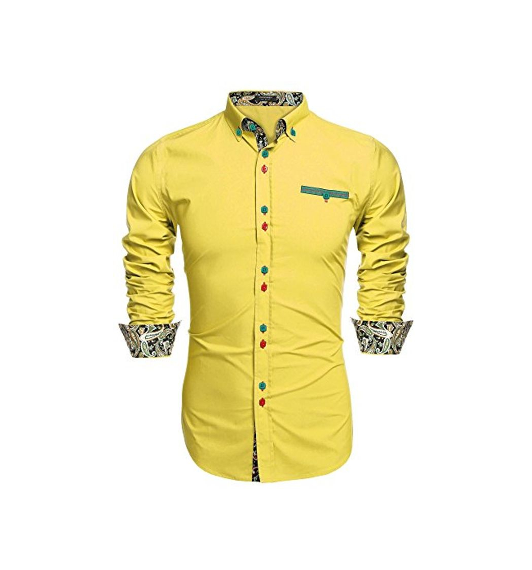 Moda Coofandy Camisa Casual Manga Larga para Hombre de Moda Amarillo Talla