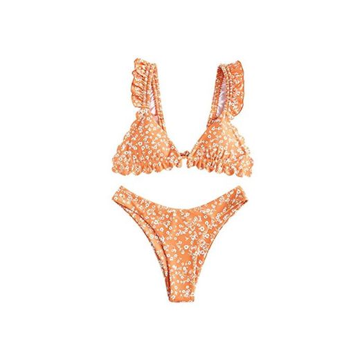 ZAFUL - Bikini de corte alto con volantes y flores para mujer