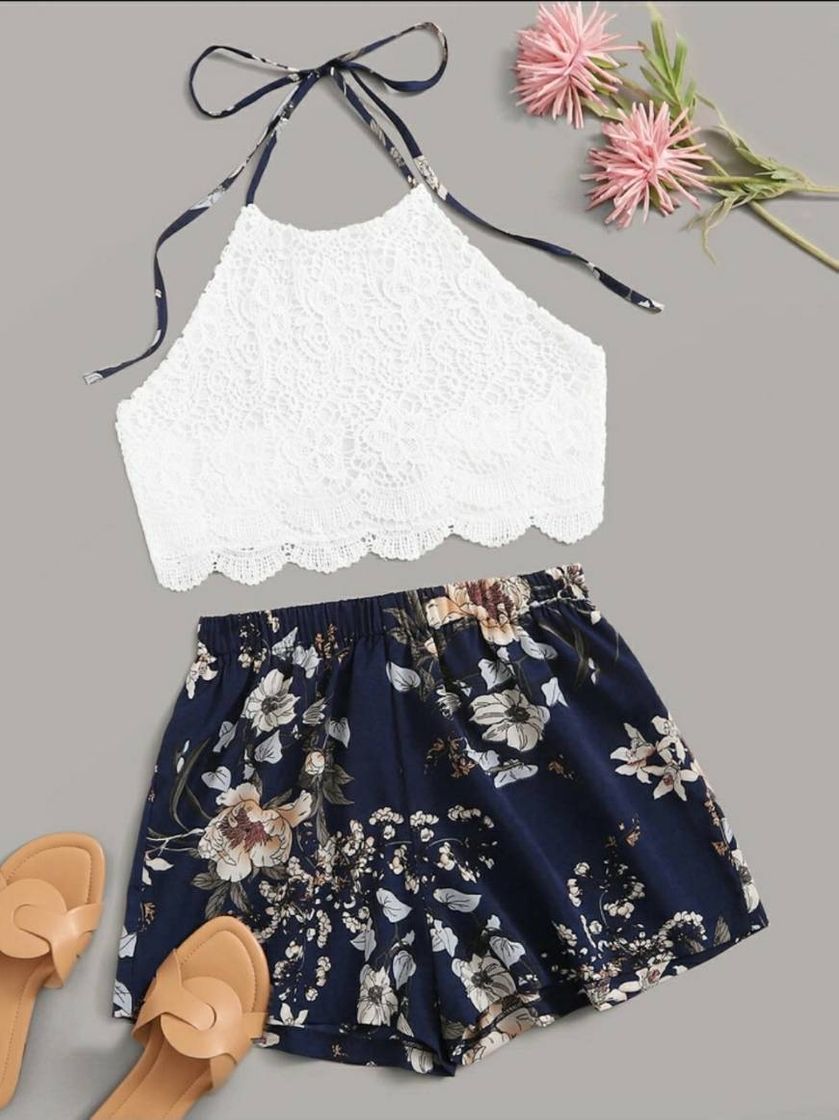 Fashion Top halter con encaje + shorts estampado floral