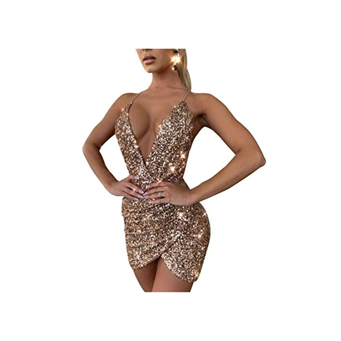 Social YuanDian Mujer Mini Vestido de Lentejuelas Correa Sin Mangas Cuello en V