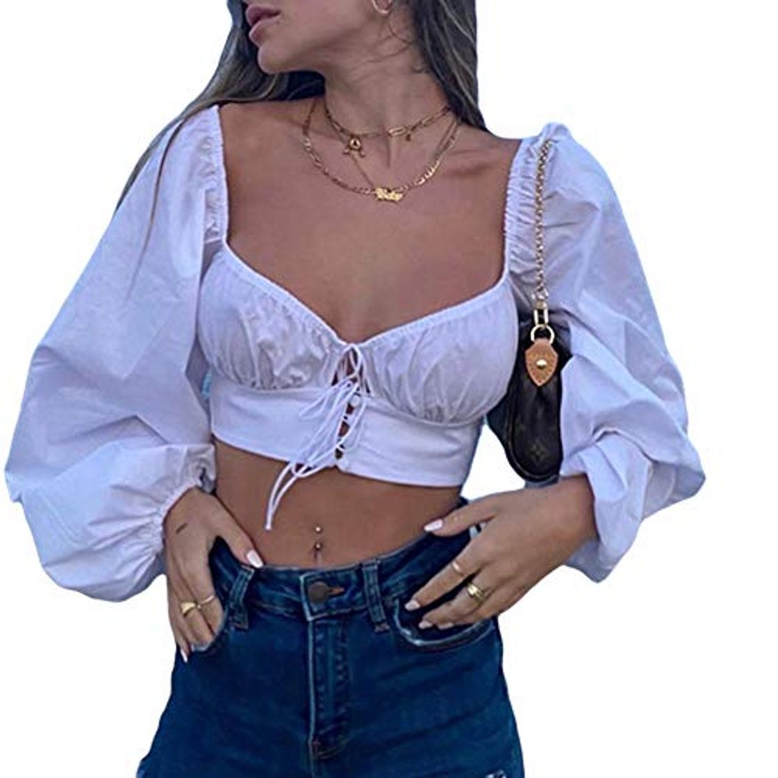 Moda Elegante blusa de manga larga con cuello cuadrado para mujer Blanco blanco L