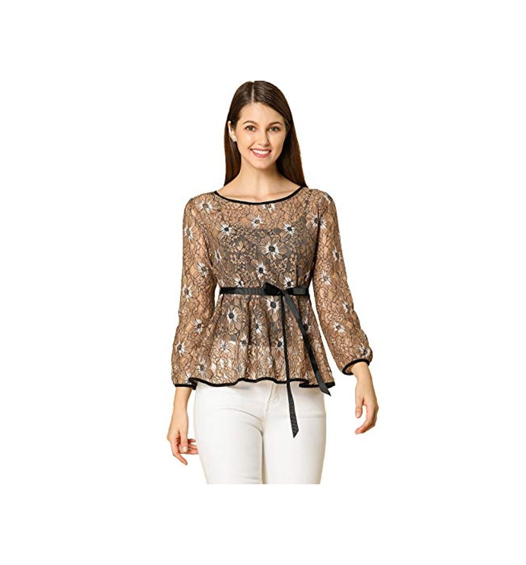 Fashion Allegra K Blusa Peplum De Encaje Bicolor con Contraste Cintura Autoajustable para Mujer Marrón L