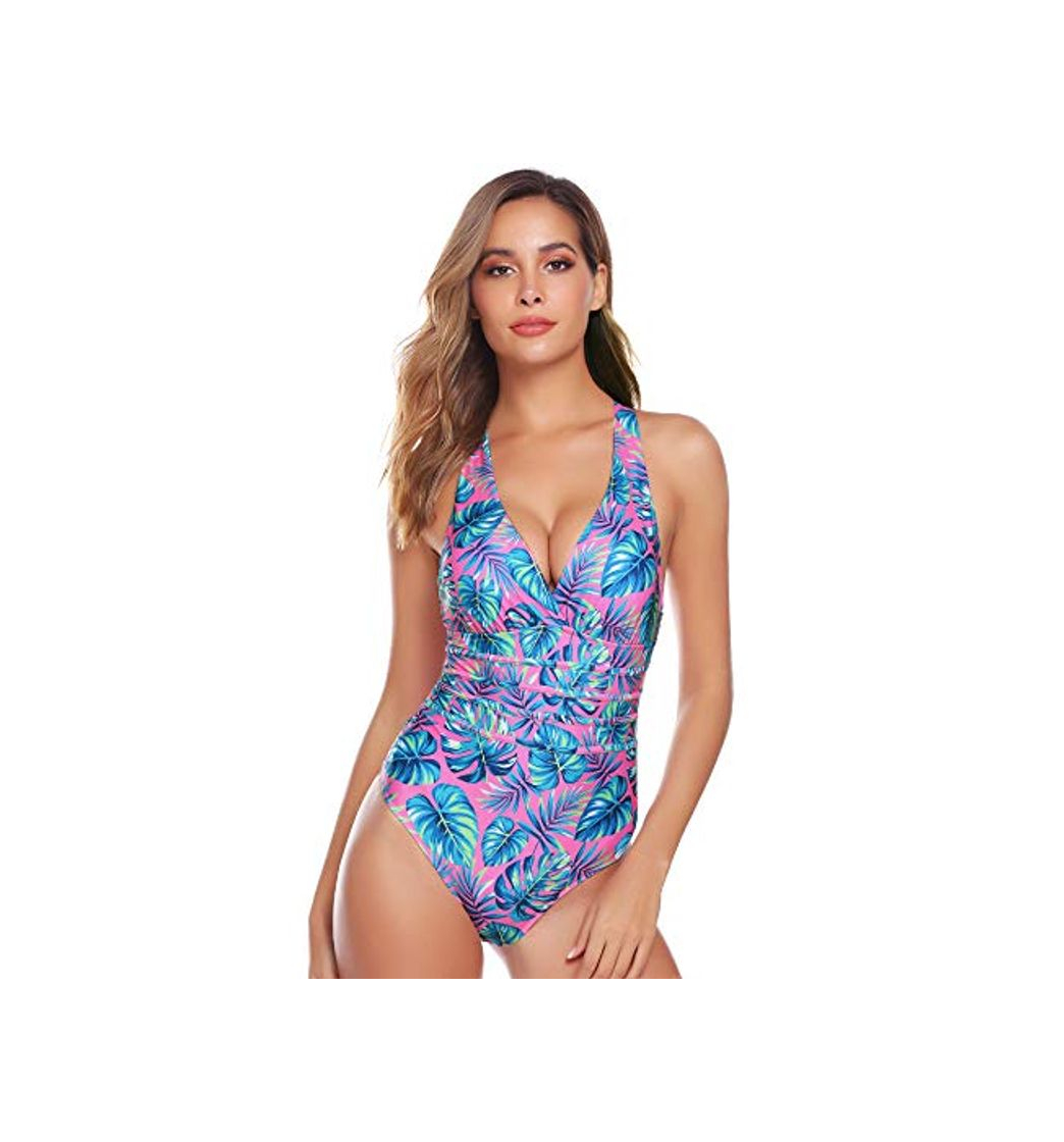 Moda Hawiton Traje de Baño Una Pieza para Mujer Cuello en V Profundo Cruz de Vuelta Ropa de Baño Playa Monokini