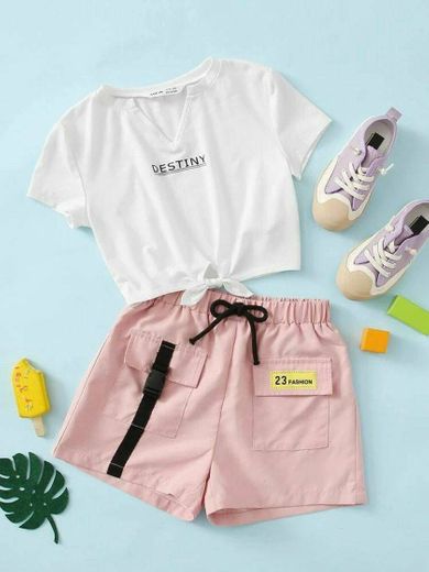 conjuntinho short e blusa rosa e branco