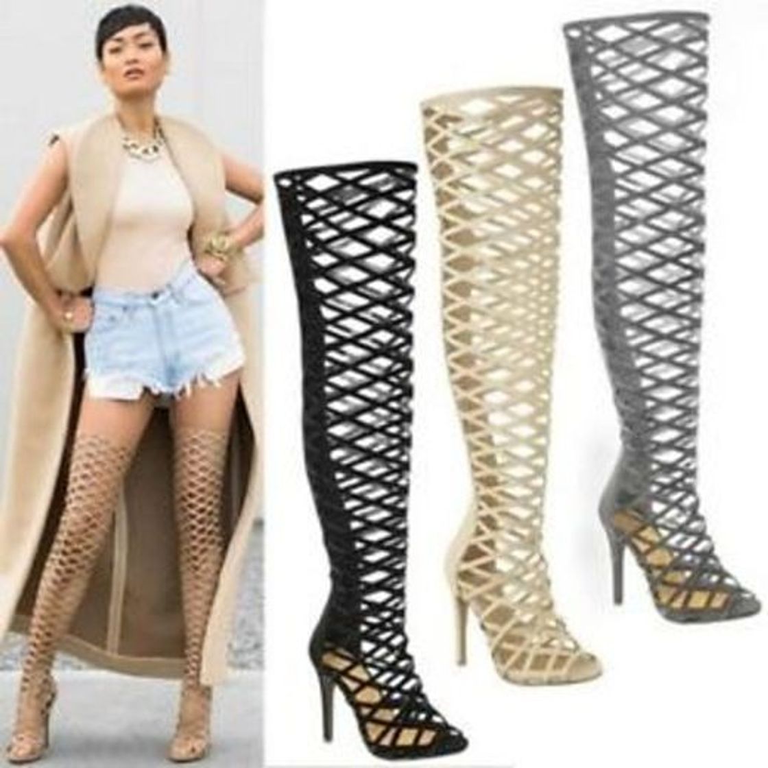 Social Fashion Thirsty para Dama Recortado Encaje con Tacón por la Rodilla Botas