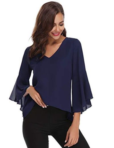 Abollria Camisa de Gasa para Mujer 3/4 Mangas Elegante Blusa Chiffon Cuello