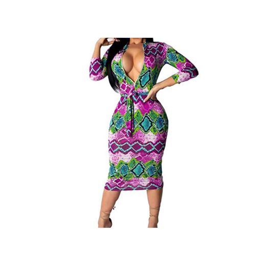 LEEDY 2029 Vestido de Cremallera de Encaje con Estampado de Color en v Profunda de Moda para Mujer