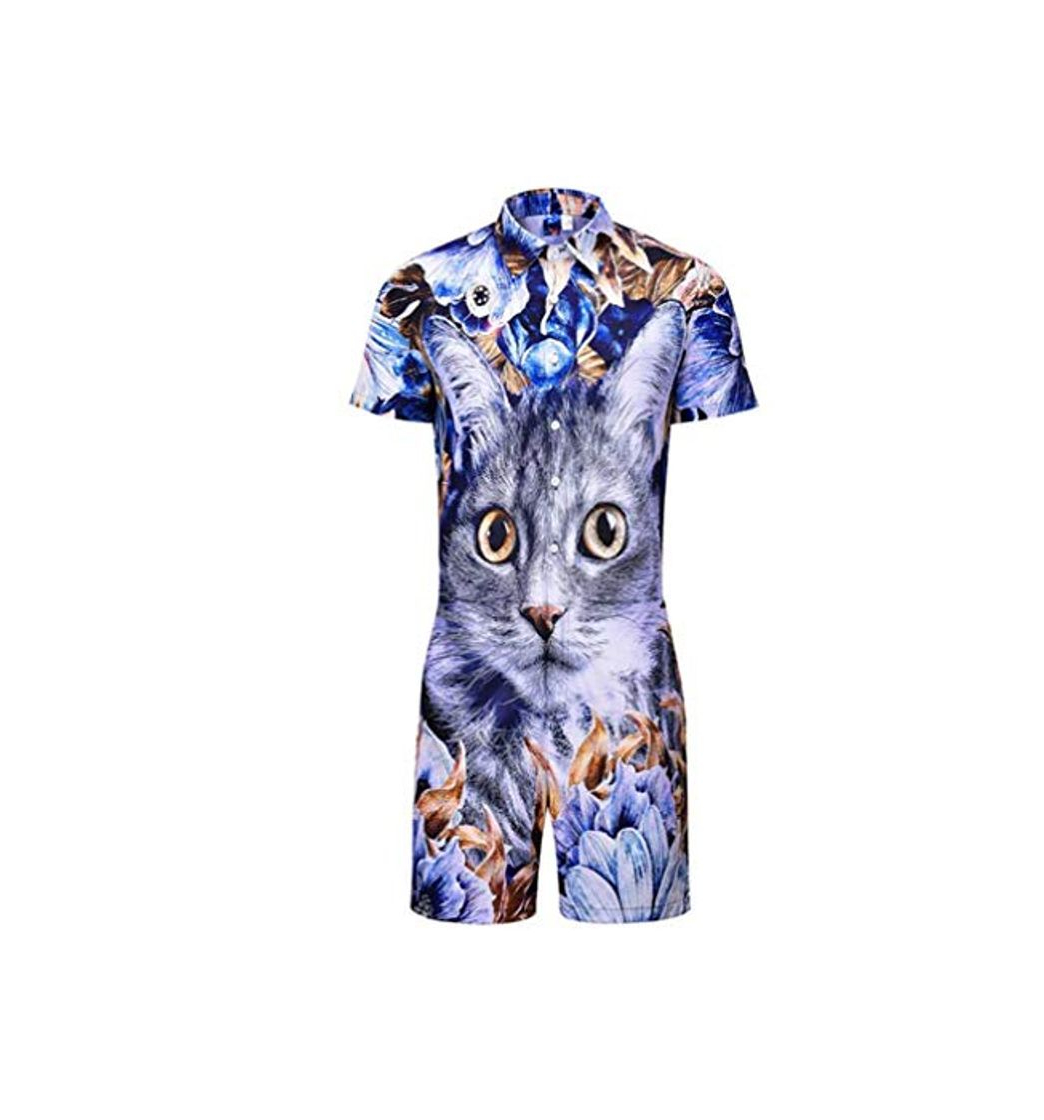 Fashion Mens Ocio manga corta Onesies Overol Impresión 3D Cat 93% Poliéster 7%