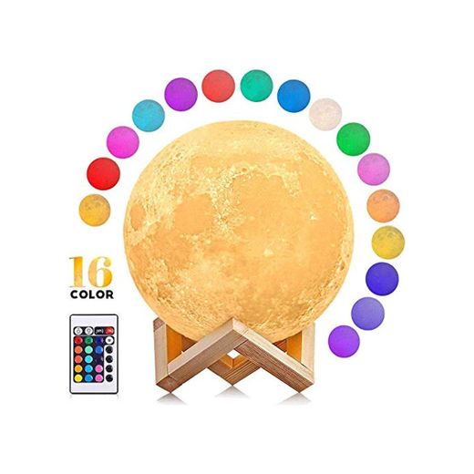 FTYU Moon Lamp Dimmable LED Moon Light 3D Printing 16 Colors Remote Touch Control Night Mood Light with Wooden Holder for Childrens Room Bedroom Cafe Bar Dining Room